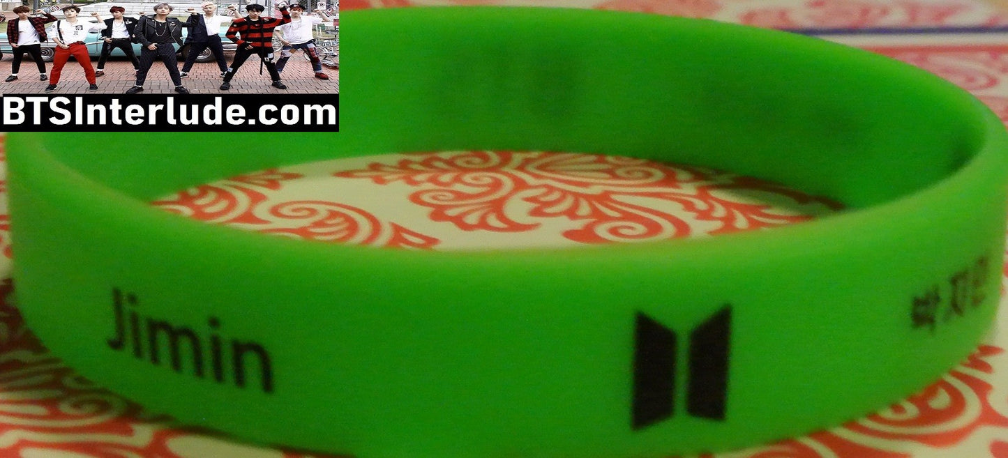 BTS BRACELET PARK JIMIN 박지민 GREEN SILICONE NAME IN WHITE BIRTHDAY BTS DOORS