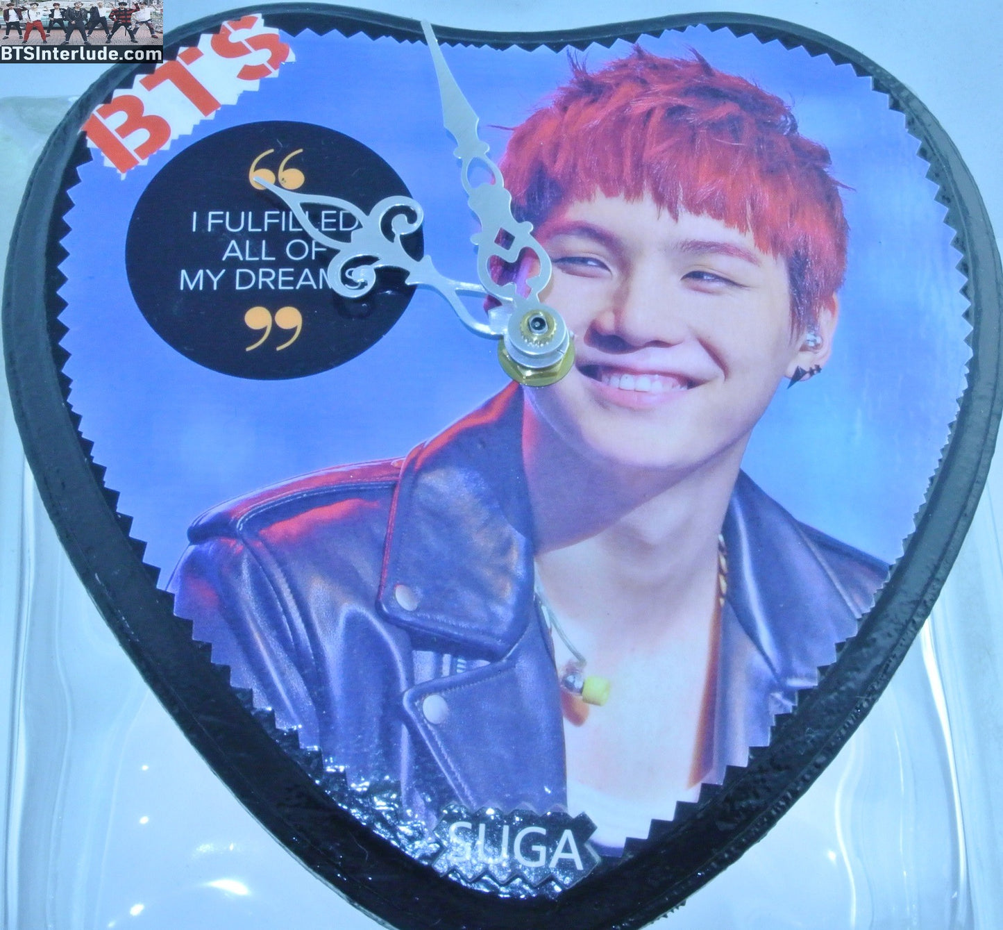 BTS CLOCK HEART WOOD SUGA MIN YOONGI 민윤기 SILVER HANDS RED HAIR BLACK LEATHER JACKET