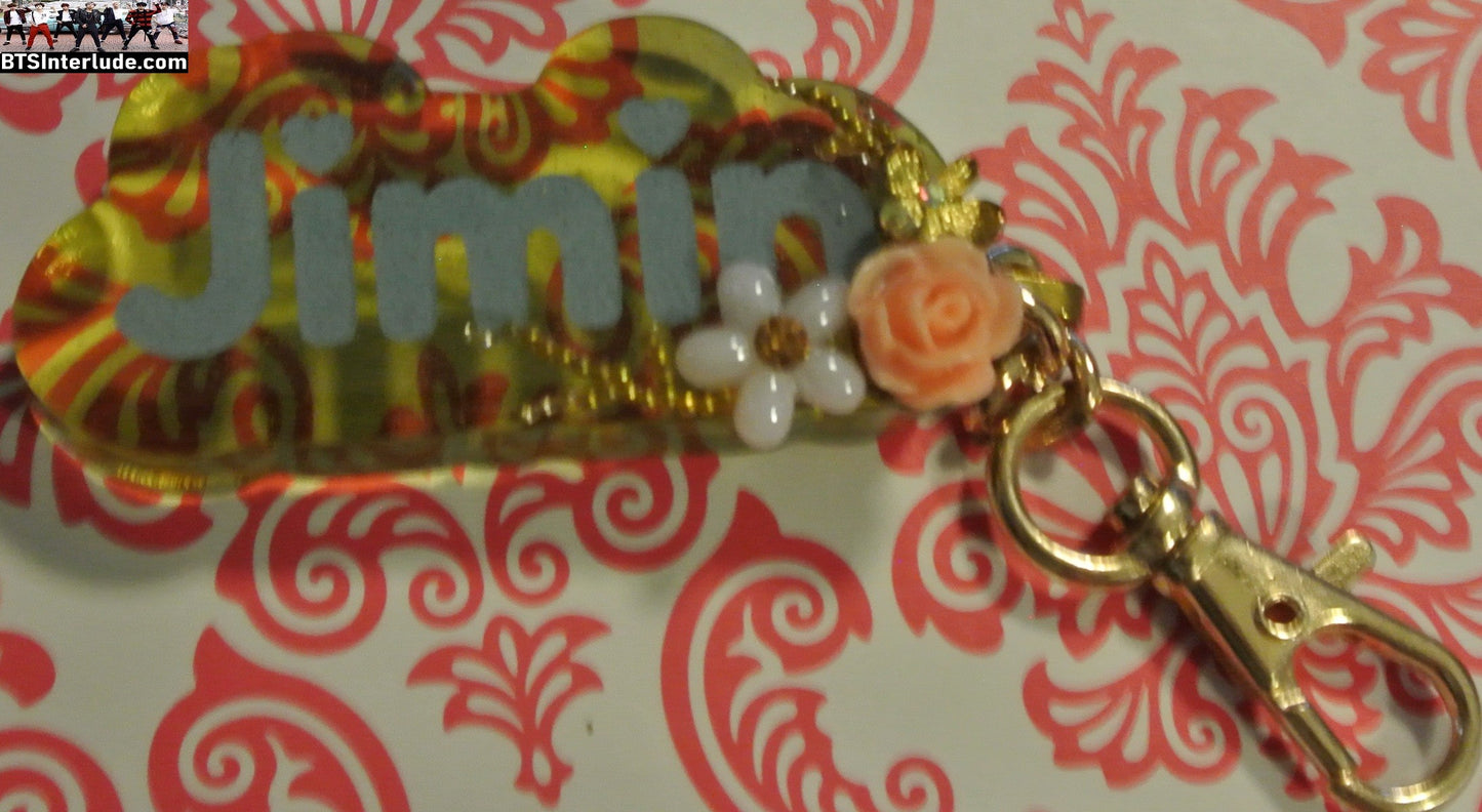 BTS KEYCHAIN ACRYLIC PARK JIMIIN 박지민 NAME BLUE PEARL FLOWERS PINK KEYRING KEY CHAIN RING