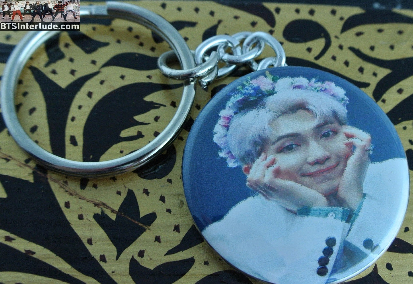 BTS KEYCHAIN BUTTON RM KIM NAMJOON 김남준 BLOND HAIR FLOWER CROWN TIARA FANSIGN KEYRING KEY RING CHAIN
