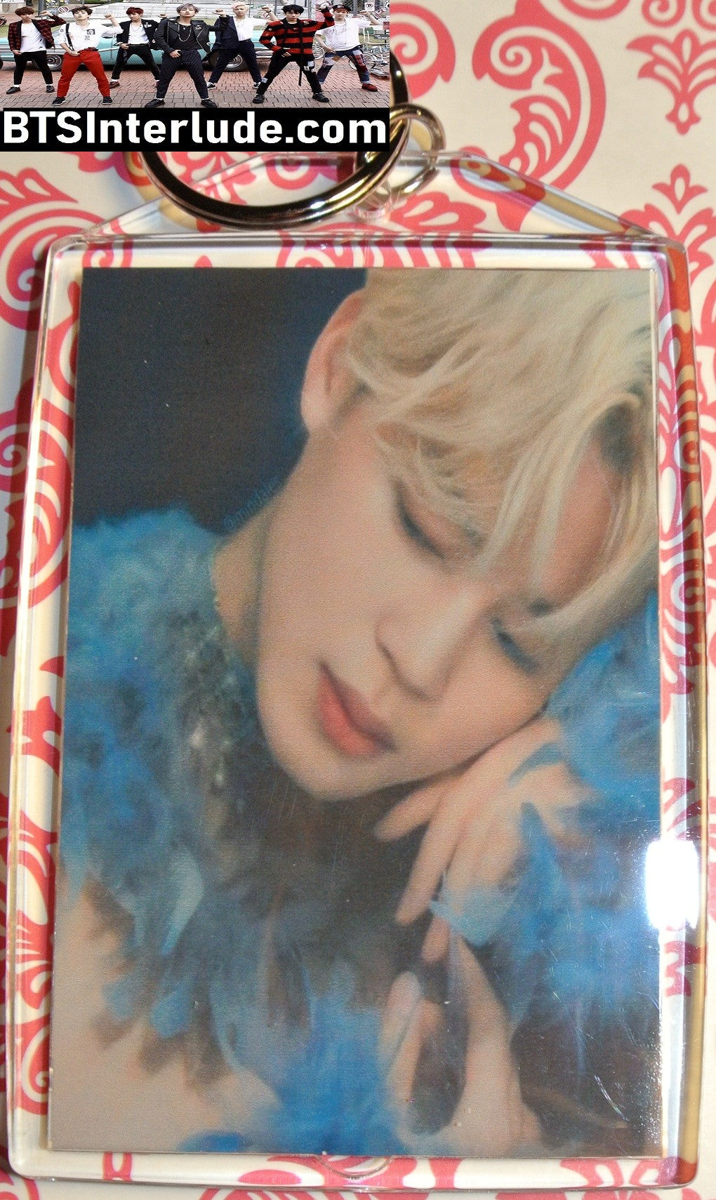 BTS KEYCHAIN PARK JIMIN 박지민 LONG BLOND HAIR WHITE SHIRT PROFILE BLUE FEATHERS LARGE SNAP KEYRING KEY CHAIN RING