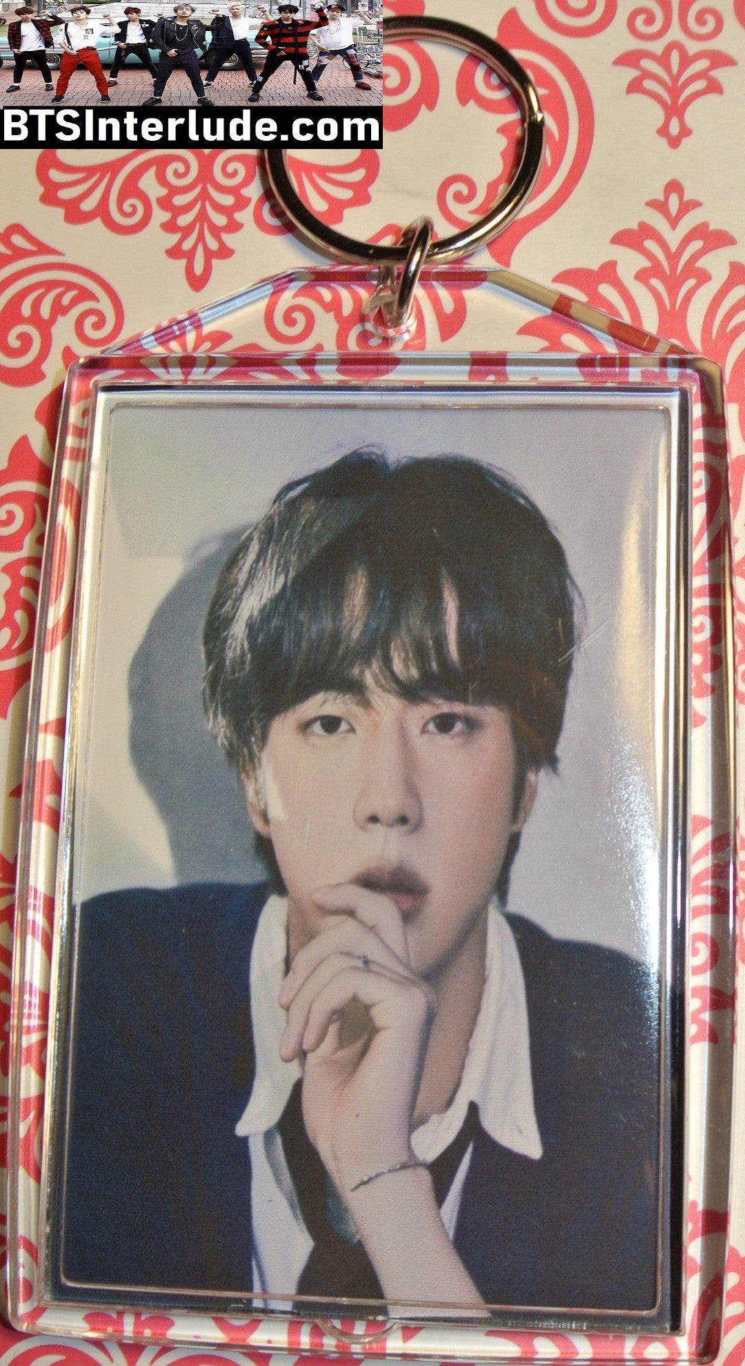 BTS KEYCHAIN ACRYLIC JIN KIM SEOKJIN 김석진 FLOWER TIARA NAVY SWEATER LARGE SNAP KEYRING KEY CHAIN RING LIMITED EDITION