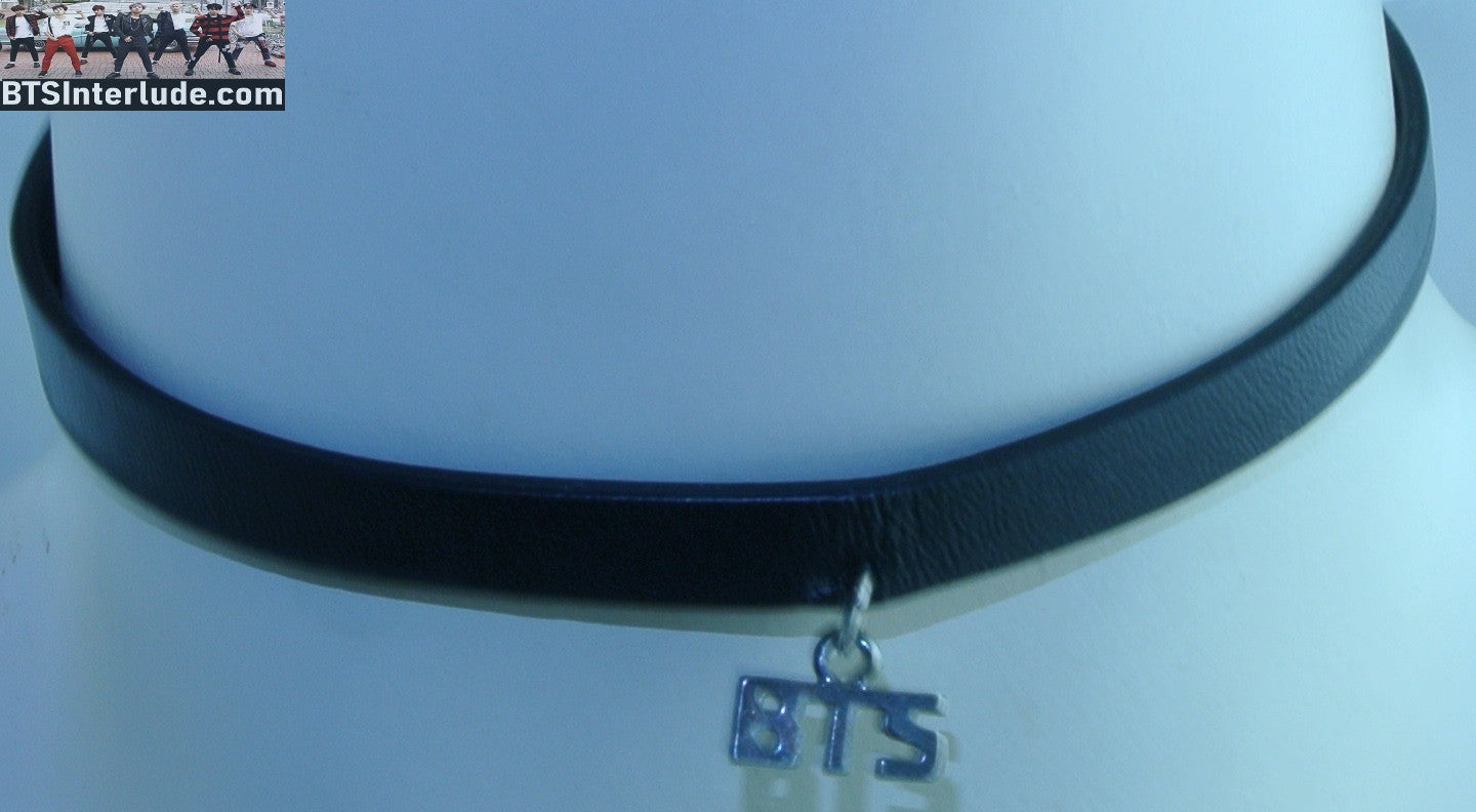 BTS NECKLACE CHOKER BLACK FAUX LEATHER SILVER TONE BTS INITIALS JUNGKOOK V JIMIN RM J-HOPE SUGA JIN