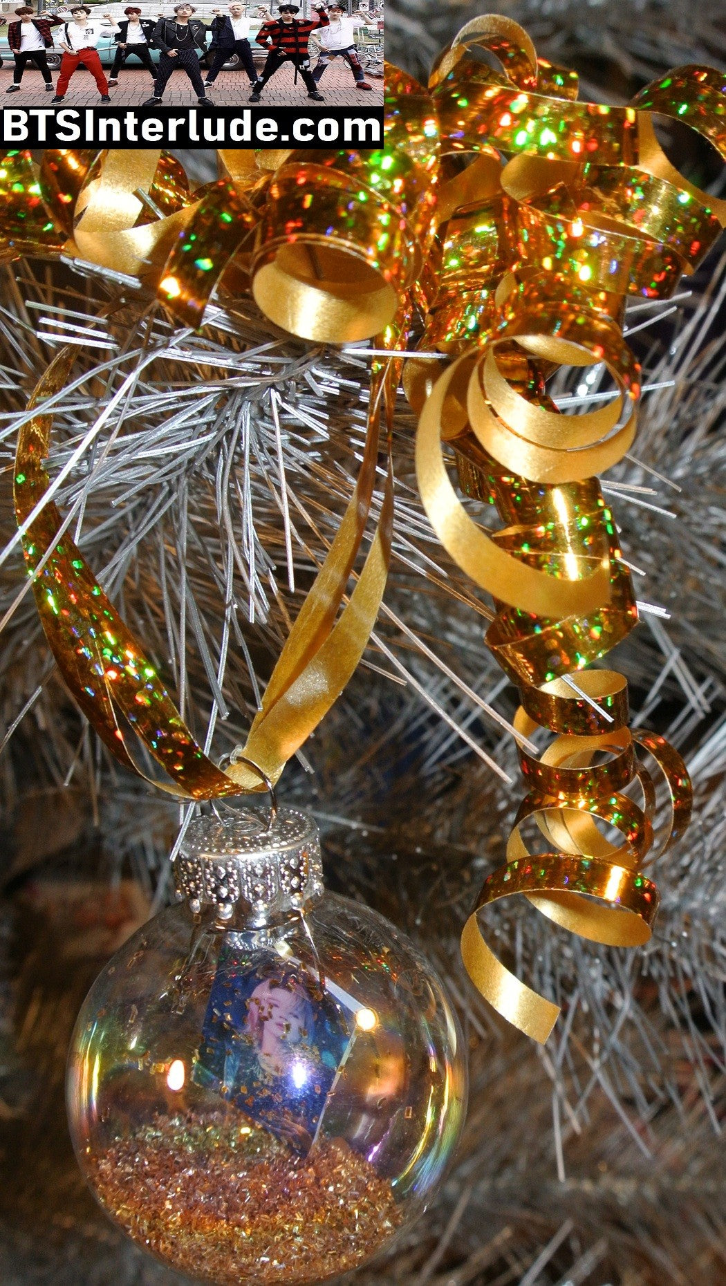 BTS CHRISTMAS ORNAMENT GLASS 1.75 INCH PARK JIMIN 박지민 GOLD GLITTER ARIRANG TAN SHIRT BLOND PRINCE LIMITED EDITION