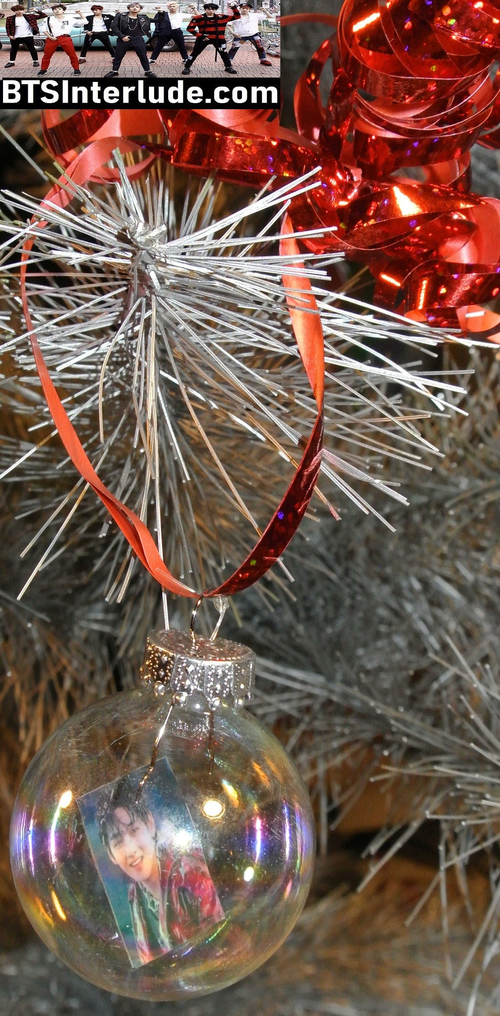BTS CHRISTMAS ORNAMENT GLASS 1.75 INCH V KIM TAEHYUNG 김태형 ARIRANG RED JACKET WHITE TANK TOP TONGUE LIMITED EDITION