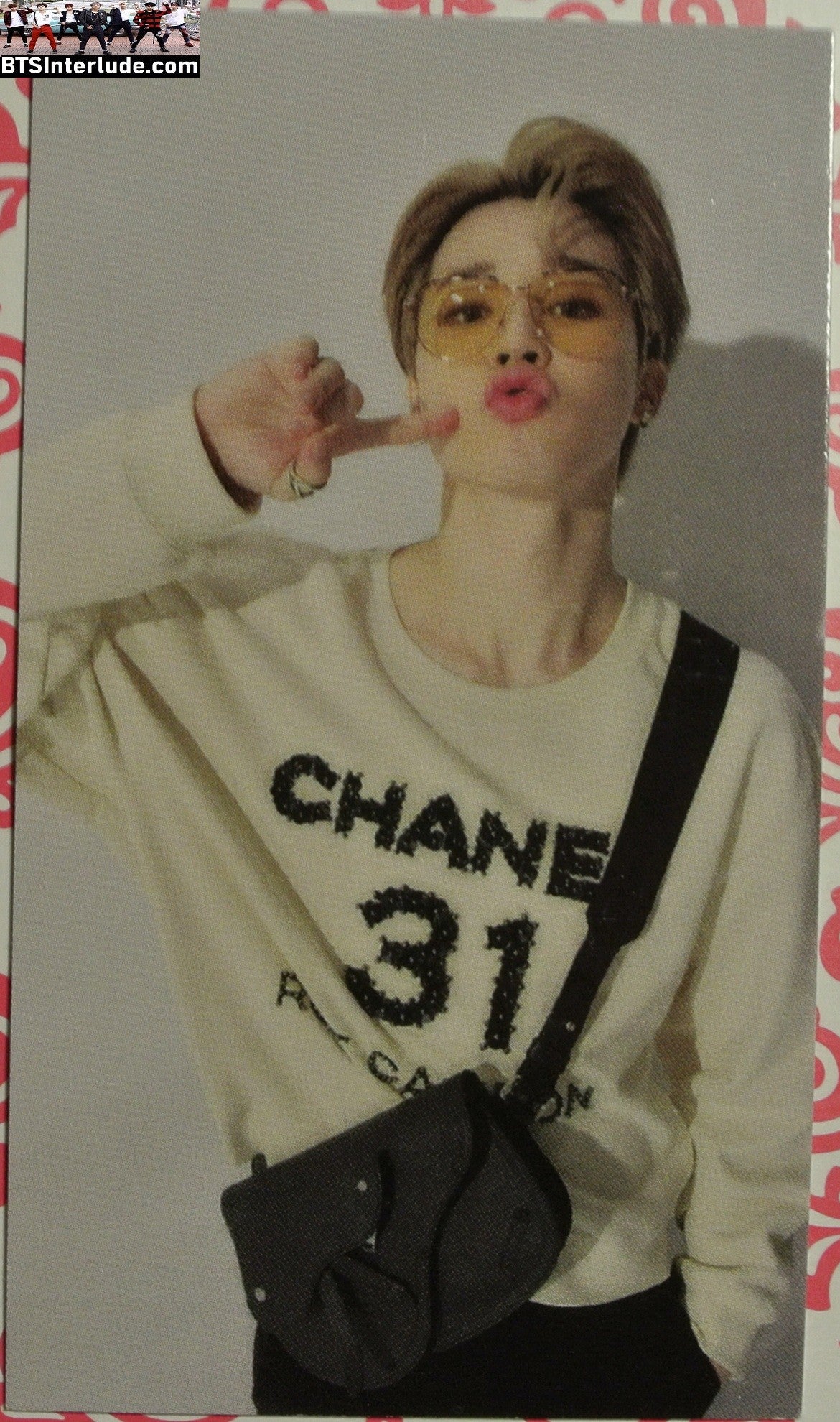 BTS PHOTOCARD FANSITE PARK JIMIN 박지민 BLOND HAIR GLASSES OVERALLS CHANEL PC PHOTO CARD