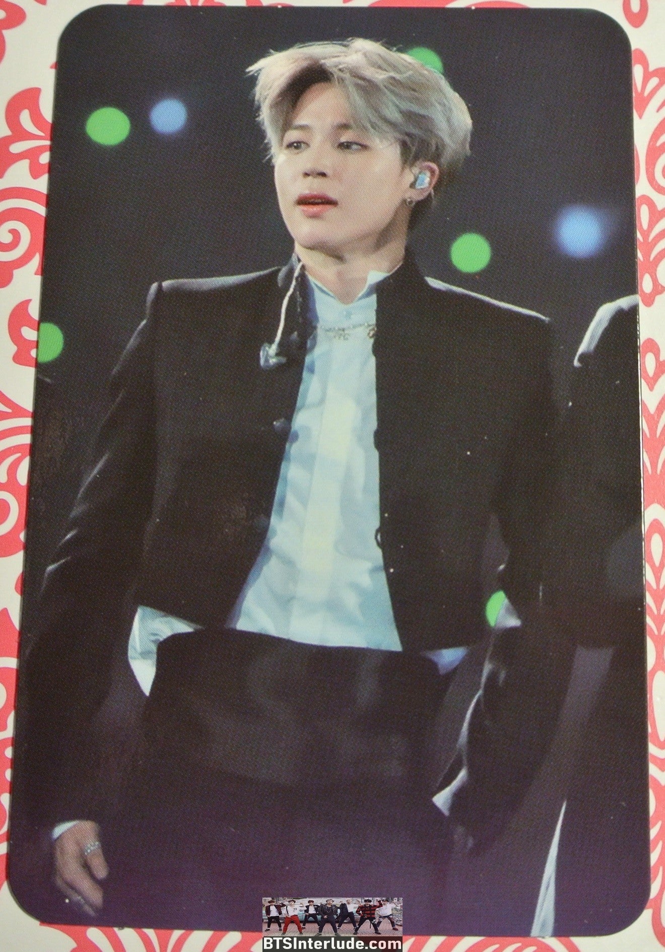 BTS PHOTOCARD FANSITE PARK JIMIN 박지민 FRILLY WHITE SHIRT BLACK JACKET PIECES OF MIND FANSITE NEVERMIND