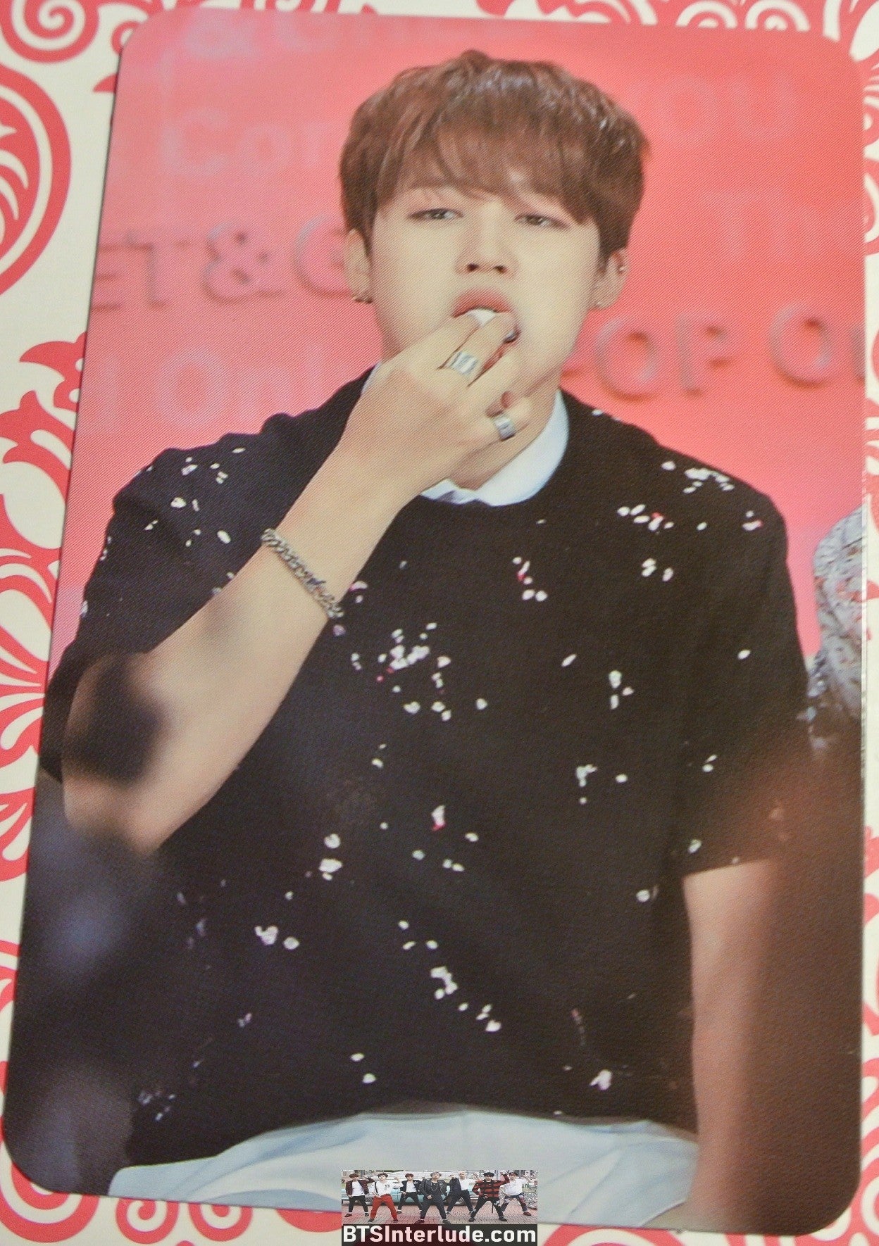 BTS PHOTOCARD FANSITE PARK JIMIN 박지민 BLACK SPARKLE SHIRT EATING PIECES OF MIND FANSITE NEVERMIND
