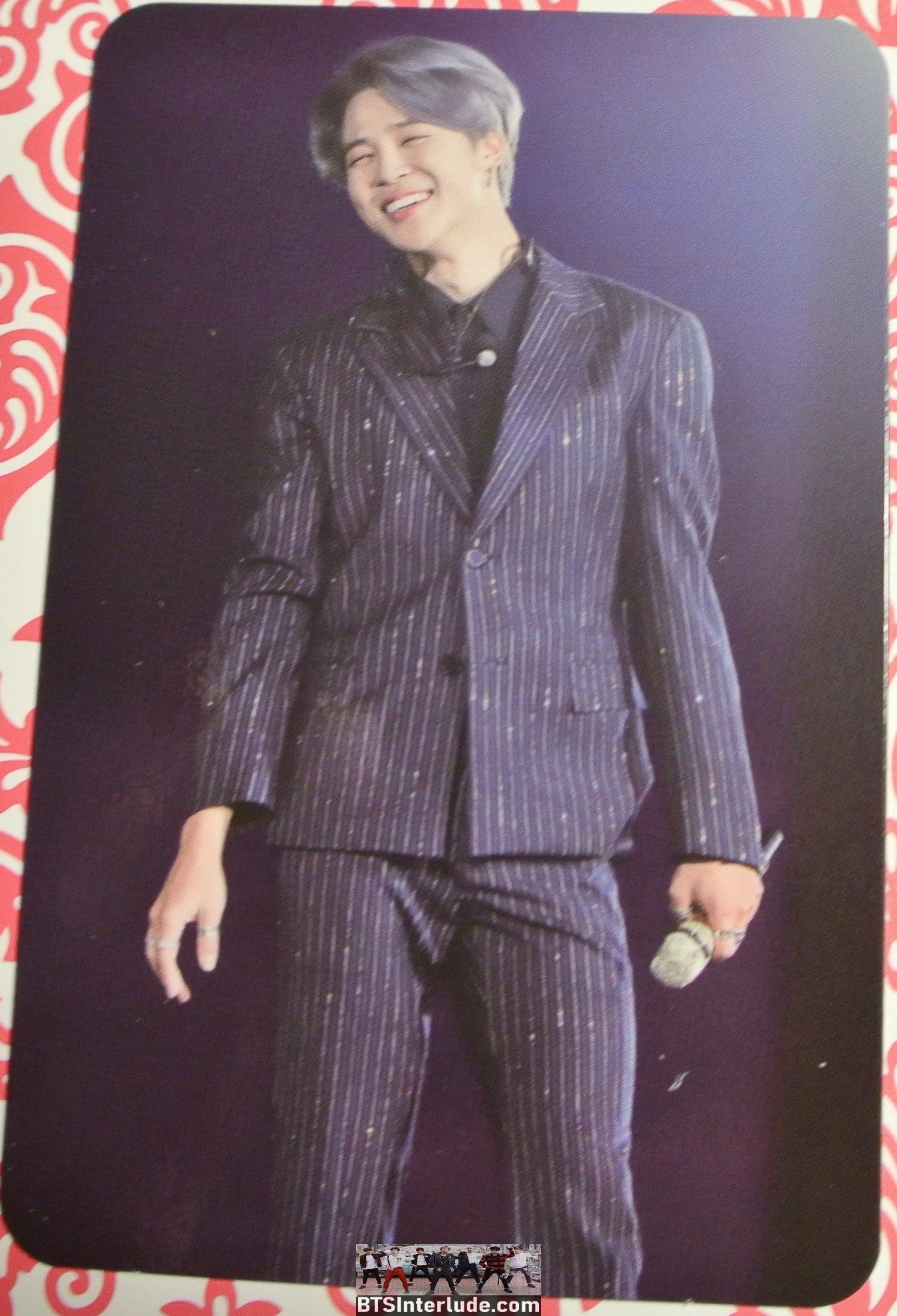 BTS PHOTOCARD FANSITE PARK JIMIN 박지민 SILVER HAIR BLACK PINSTRIPE SUIT PIECES OF MIND FANSITE NEVERMIND