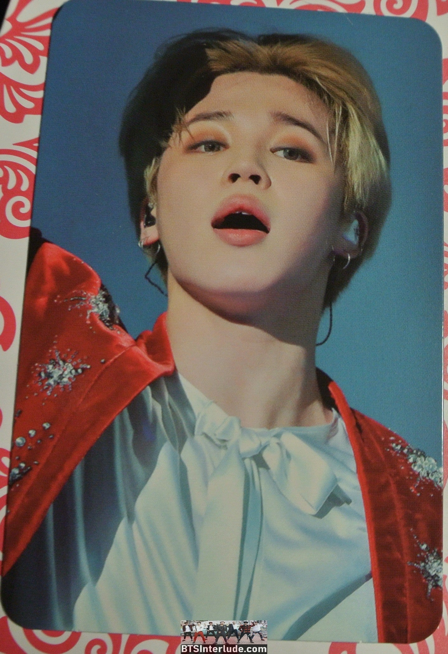 BTS PHOTOCARD FANSITE PARK JIMIN 박지민 BLOND HAIR RED JACKET PIECES OF MIND FANSITE NEVERMIND