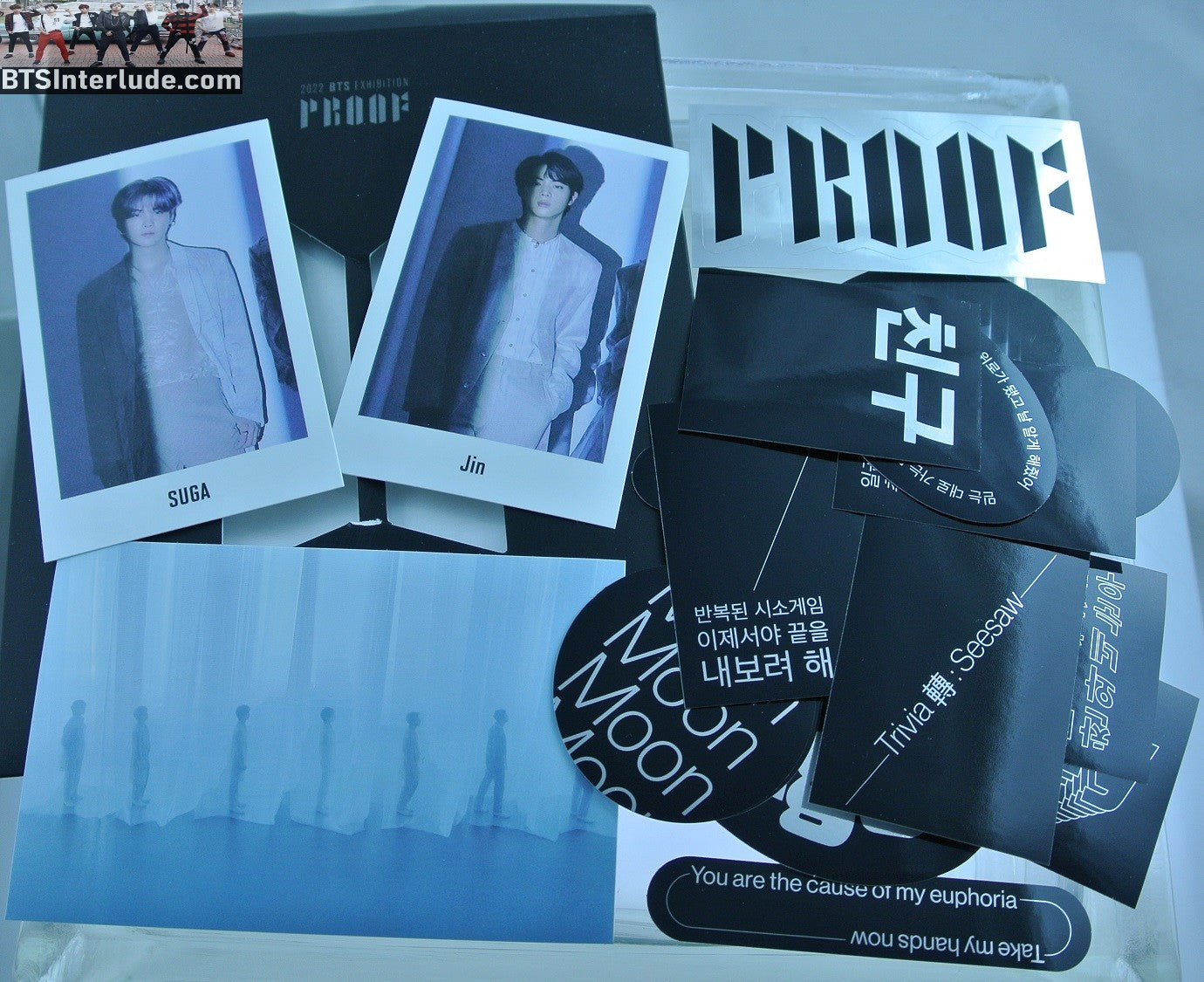 BTS PHOTOCARD OFFICIAL SUB-UNIT PROOF EXHIBITION SET JIN KIM SEOKJIN SUGA MIN YOONGI LUCKY DRAW 3 PHOTOCARDS 16 STICKERS OFFICIAL MERCHANDISE LIMITED EDITION