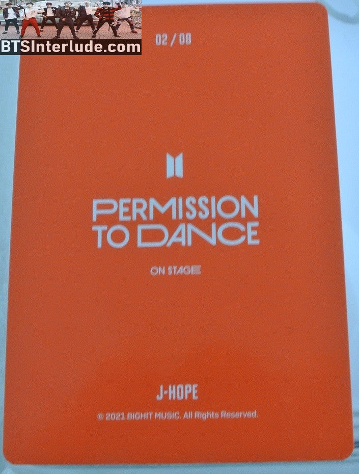 BTS PHOTOCARD OFFICIAL J-HOPE JUNG HOSEOK 정호석 PTD PERMISSION TO DANCE ON STAGE #2 OF 8 PHOTO CARD PC NEW OFFICIAL MERCHANDISE