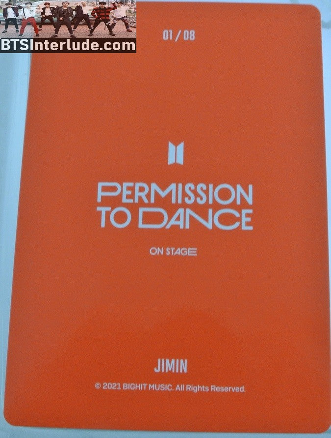 BTS PHOTOCARD OFFICIAL PARK JIMIN 박지민 PTD PERMISSION TO DANCE ON STAGE #1 OF 8 PHOTO CARD PC OFFICIAL MERCHANDISE