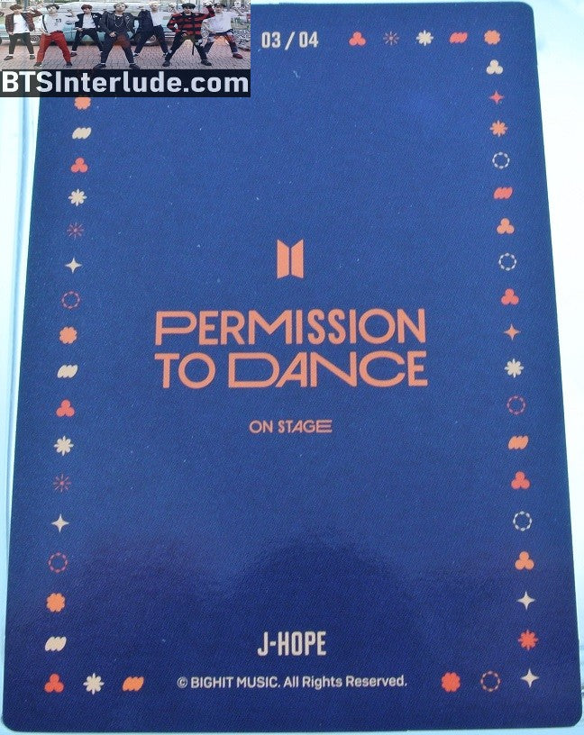 BTS PHOTOCARD OFFICIAL J-HOPE JUNG HOSEOK 정호석 PTD PERMISSION TO DANCE ON STAGE SEOUL #3 OF 4 PHOTO CARD PC NEW OFFICIAL MERCHANDISE