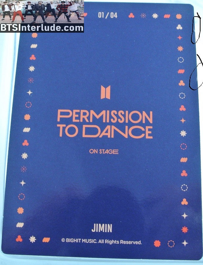 BTS PHOTOCARD OFFICIAL PARK JIMIN 박지민 PTD PERMISSION TO DANCE ON STAGE SEOUL #1 OF 4 PHOTO CARD PC OFFICIAL MERCHANDISE
