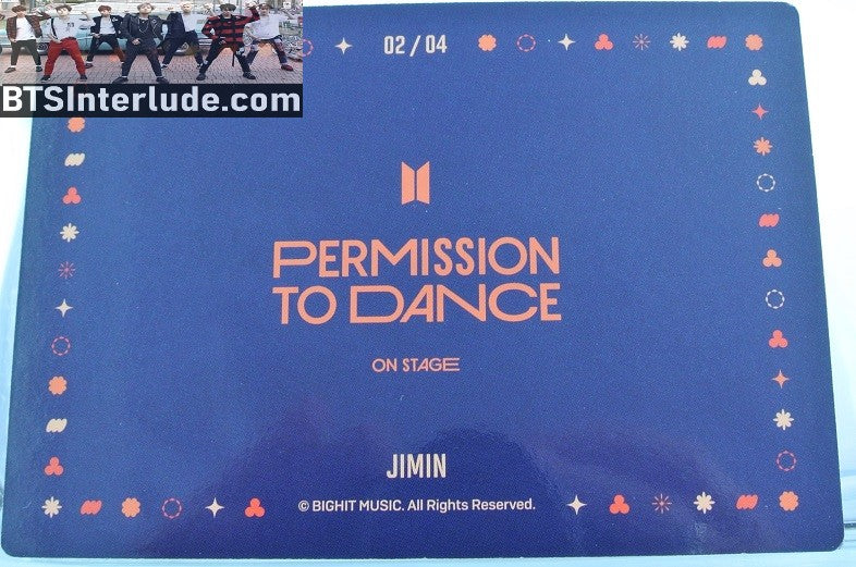 BTS PHOTOCARD OFFICIAL PARK JIMIN 박지민 PTD PERMISSION TO DANCE ON STAGE SEOUL #2 OF 4 PHOTO CARD PC OFFICIAL MERCHANDISE