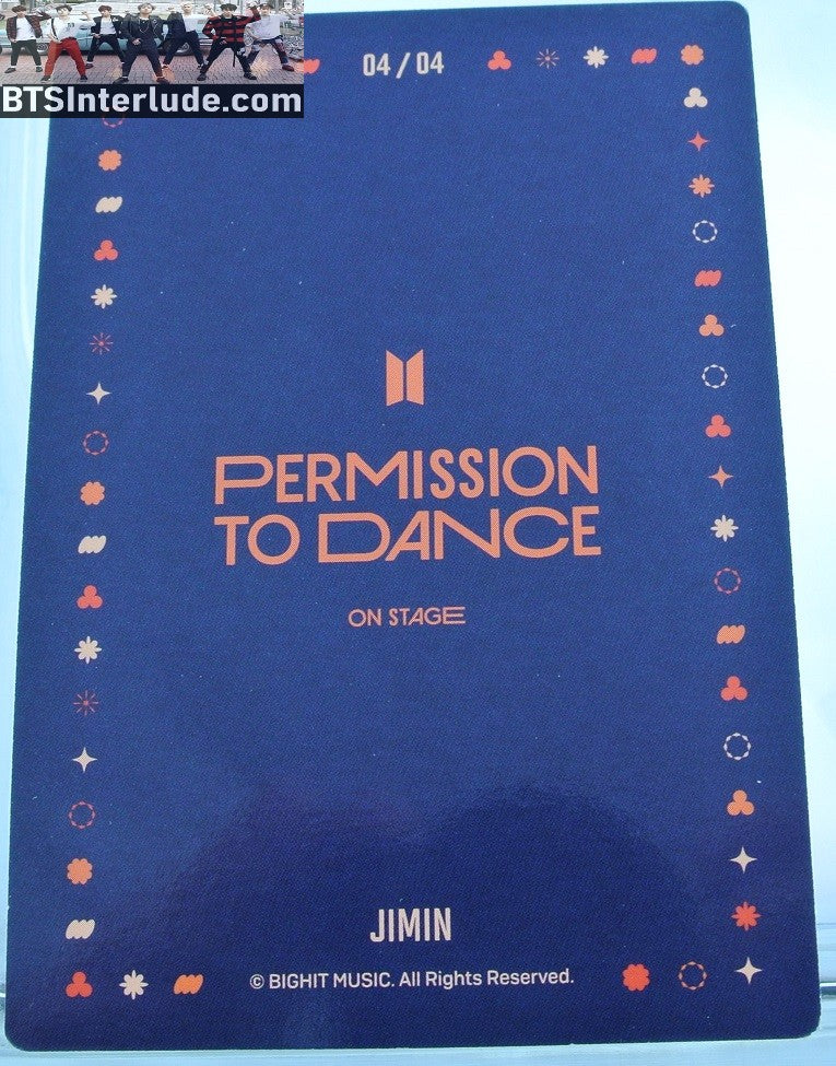 BTS PHOTOCARD OFFICIAL PARK JIMIN 박지민 PTD PERMISSION TO DANCE ON STAGE SEOUL #4 OF 4 PHOTO CARD PC OFFICIAL MERCHANDISE