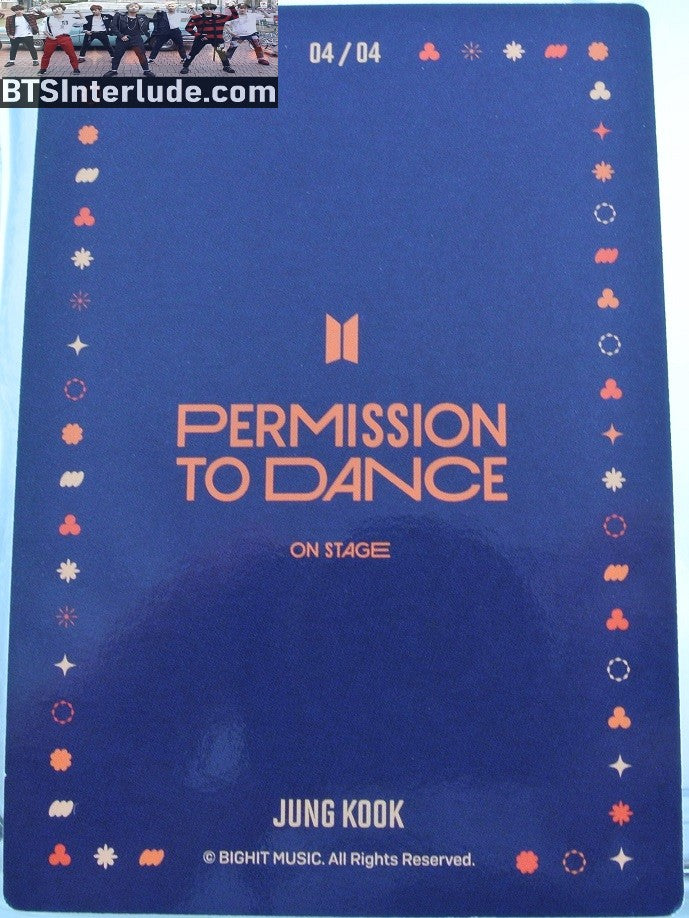 BTS PHOTOCARD OFFICIAL JEON JUNGKOOK 전정국 PTD PERMISSION TO DANCE ON STAGE SEOUL #4 OF 4 PHOTO CARD PC OFFICIAL MERCHANDISE