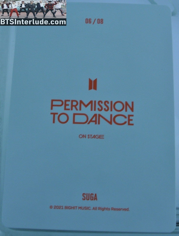 BTS PHOTOCARD OFFICIAL SUGA MIN YOONGI 민윤기 PTD PERMISSION TO DANCE ON STAGE #6 OF 8 PHOTO CARD PC OFFICIAL MERCHANDISE
