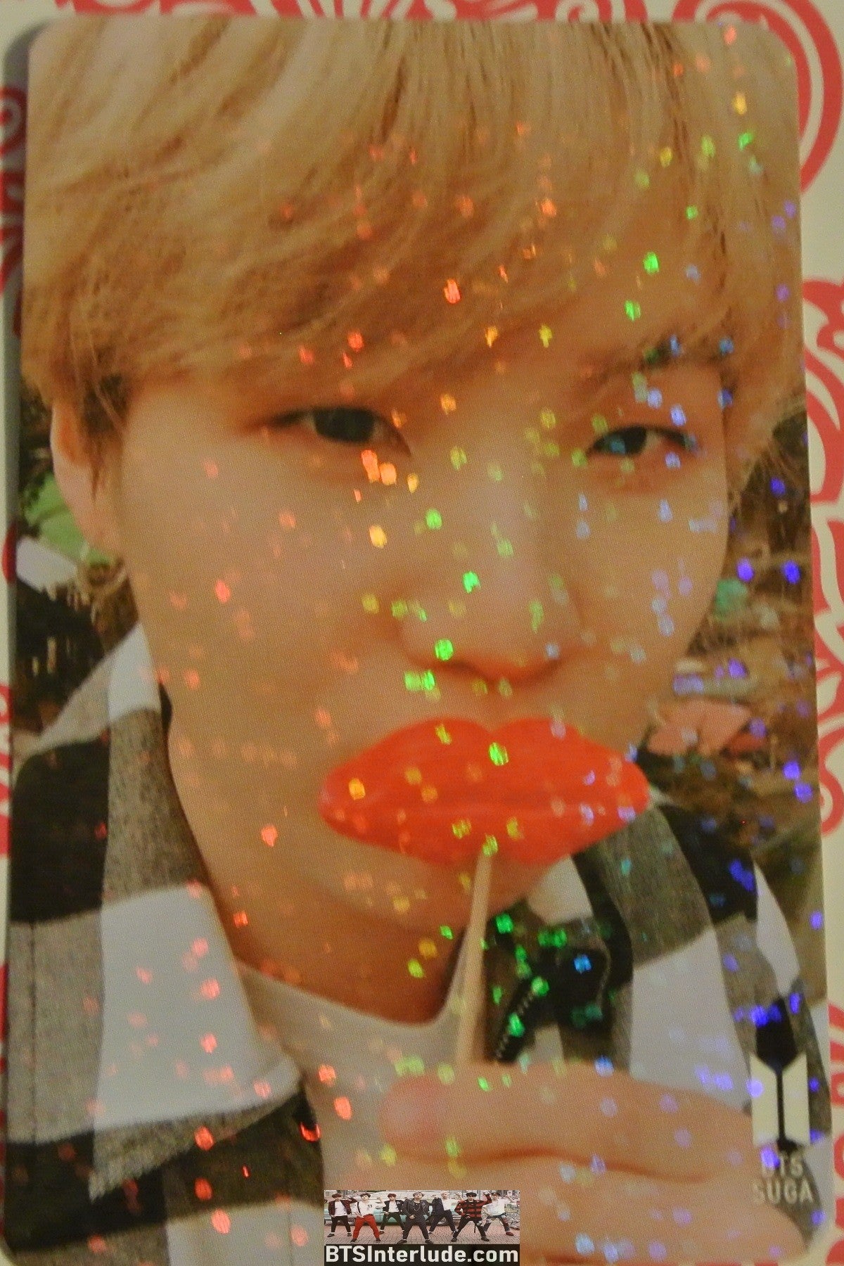 BTS PHOTOCARD FANSITE SUGA MIN YOONGI 민윤기 GLITTER 2 SIDED BLACK WHITE SHIRT FLOWER MOTS MIRROR PHOTO CARD