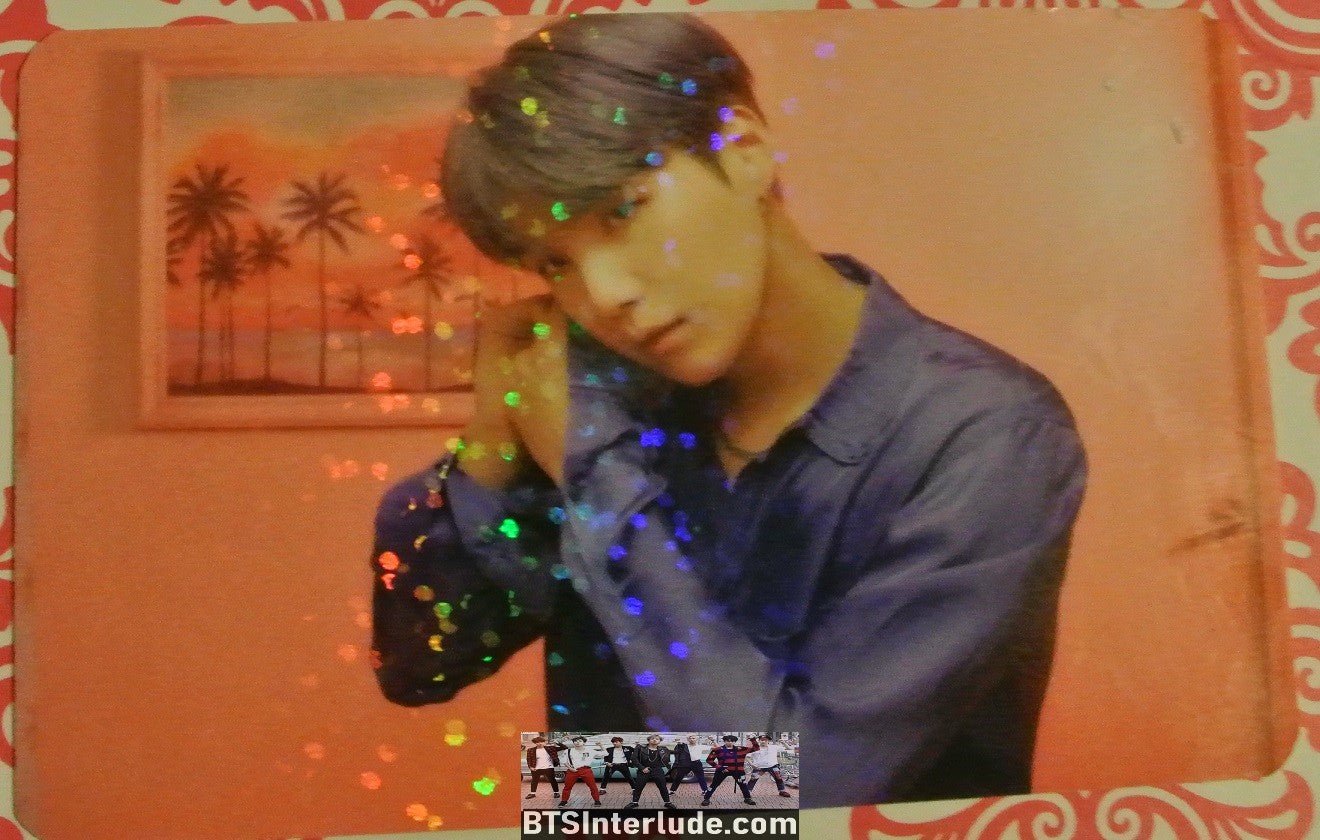 BTS PHOTOCARD FANSITE SUGA MIN YOONGI 민윤기 GLITTER 2 SIDED BLACK WHITE SHIRT FLOWER MOTS MIRROR PHOTO CARD