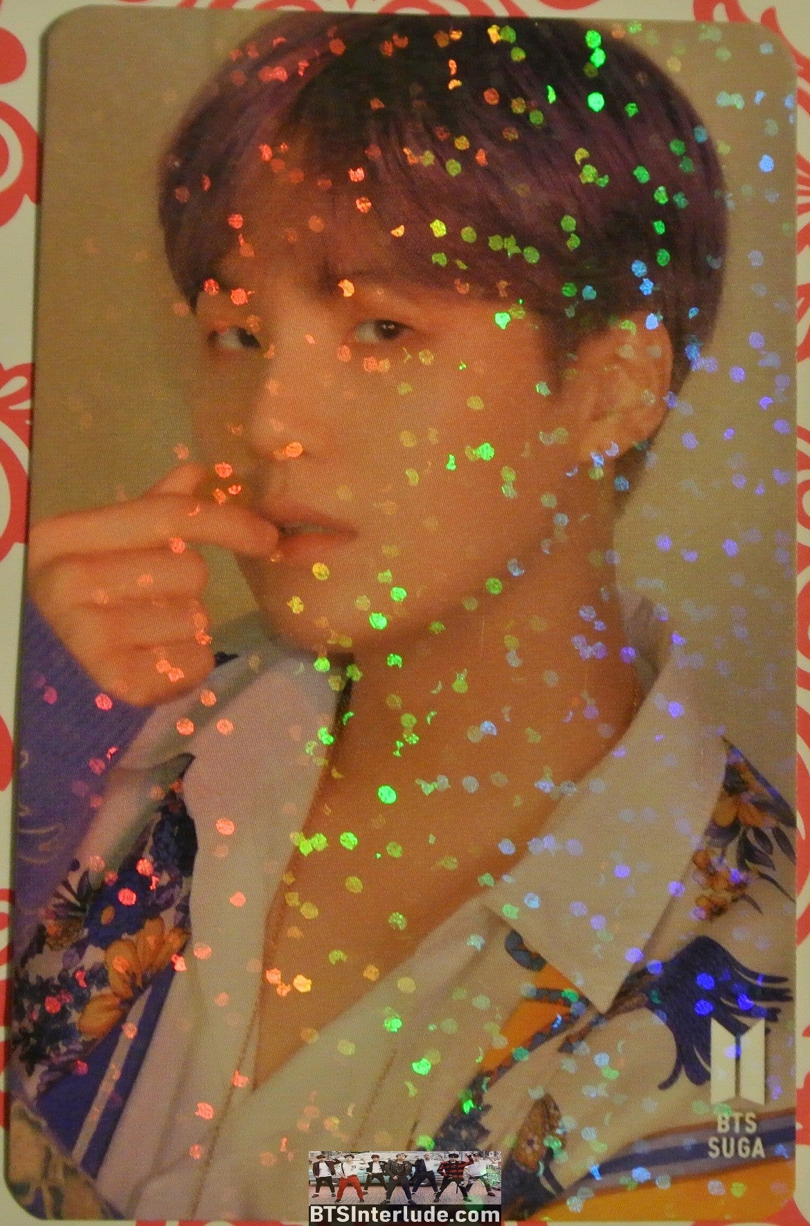 BTS PHOTOCARD FANSITE SUGA MIN YOONGI 민윤기 GLITTER 2 SIDED MOTS PERSONA FINGER HEART LAVENDER HAIR DOUBLE KISSES PHOTO CARD