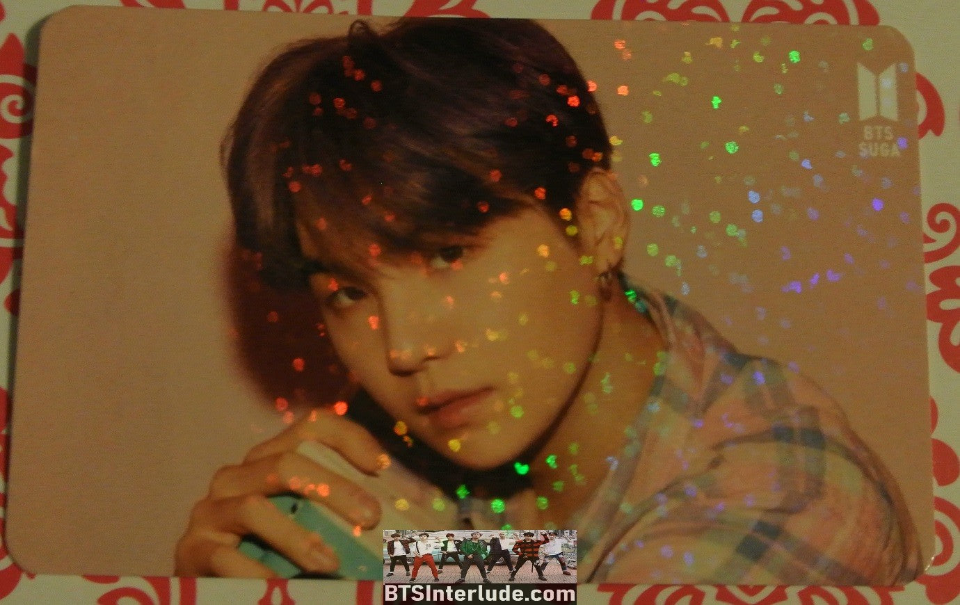 BTS PHOTOCARD FANSITE SUGA MIN YOONGI 민윤기 GLITTER 2 SIDED SILVERY HAIR RED BANDANA MOTS PERSONA PEACH PHOTO CARD