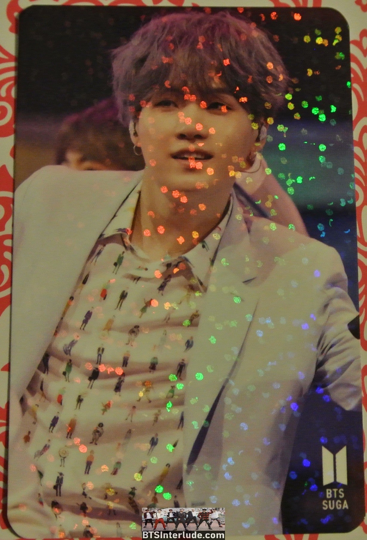BTS PHOTOCARD FANSITE SUGA MIN YOONGI 민윤기 GLITTER 2 SIDEDBLUE HAIR BOY WITH LUV WHITE JACKET PHOTO CARD