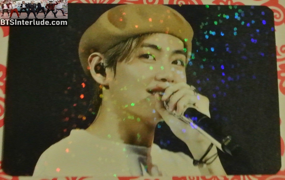 BTS PHOTOCARD FANSITE V KIM TAEHYUNG 김태형 GLITTER 2 SIDED V EYE BLOND HAIR TAN BERET PHOTO CARD