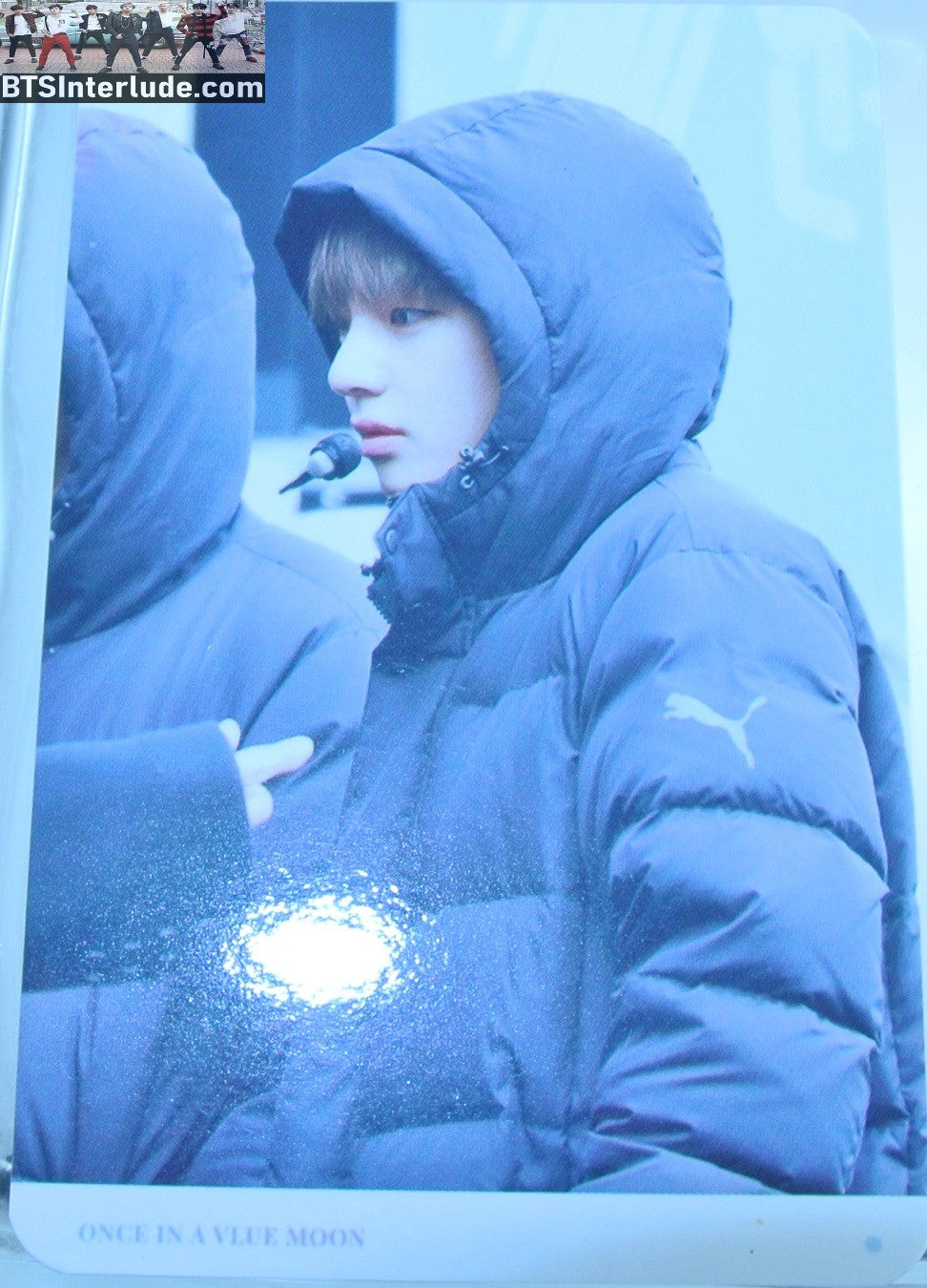BTS PHOTOCARD FANSITE V KIM TAEHYUNG 김태형 BLACK PUFFER JACKET PROFILE VIA FANSITE ONCE IN A VLUE MOON PHOTO CARD