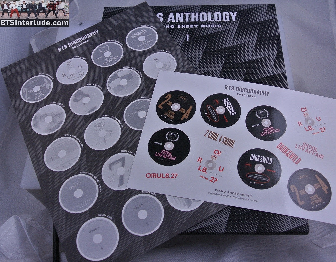BTS ANTHOLOGY #1 BOX DISCOGRAPHY SHEET & ALBUM STICKERS NO PIANO MUSIC JUNGKOOK V JIMIN RM J-HOPE SUGA JIN NEW OFFICIAL MERCHANDISE