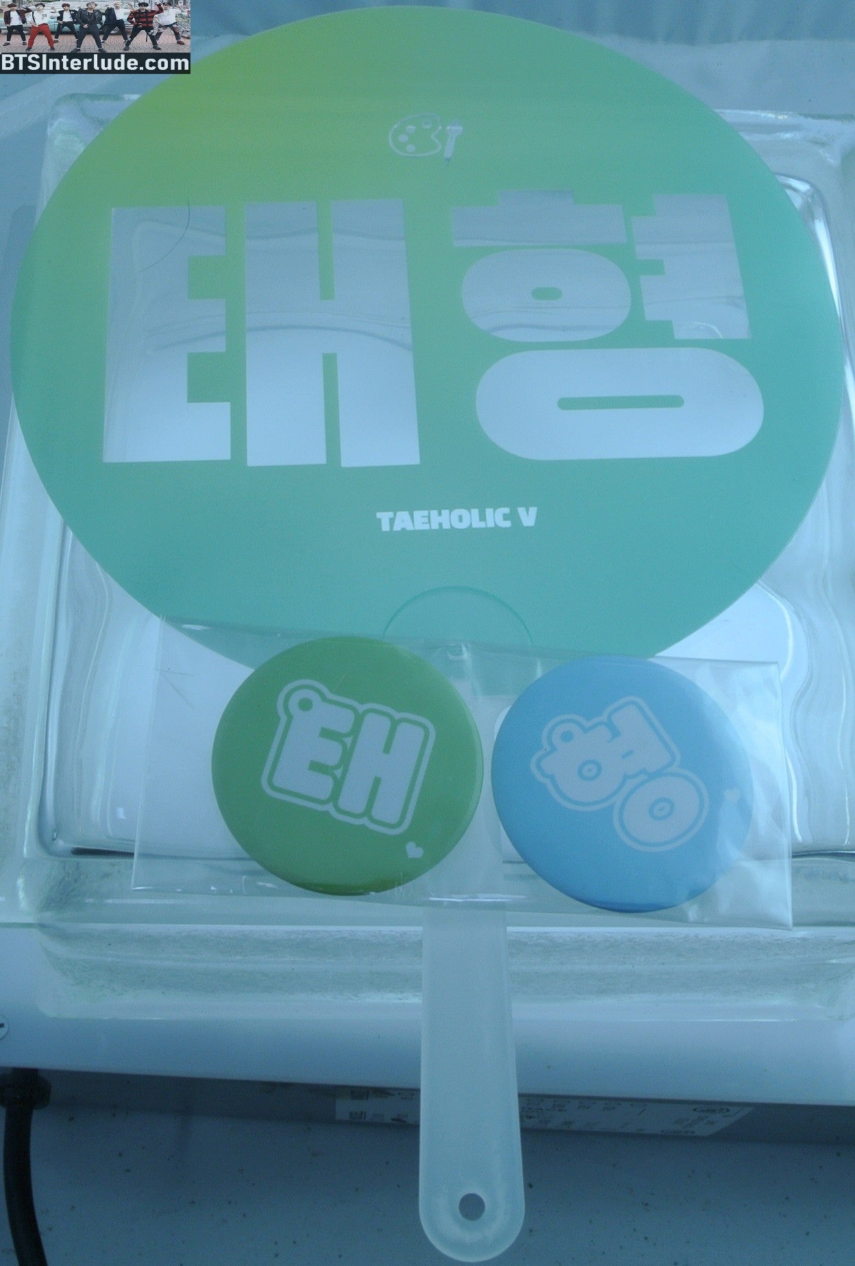 BTS PICKET V KIM TAEHYUNG 김태형 2 BUTTONS NAME HANGUL GREEN TAEHOLIC V FANSITE FAN SLOGAN SIGN