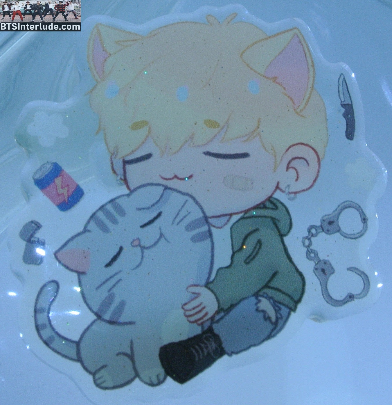 BTS PIN ACRYLIC PARK JIMIN 박지민 CLEAR PLAYING WITH CAT WITH CAT EARS BADGE BUTTON
