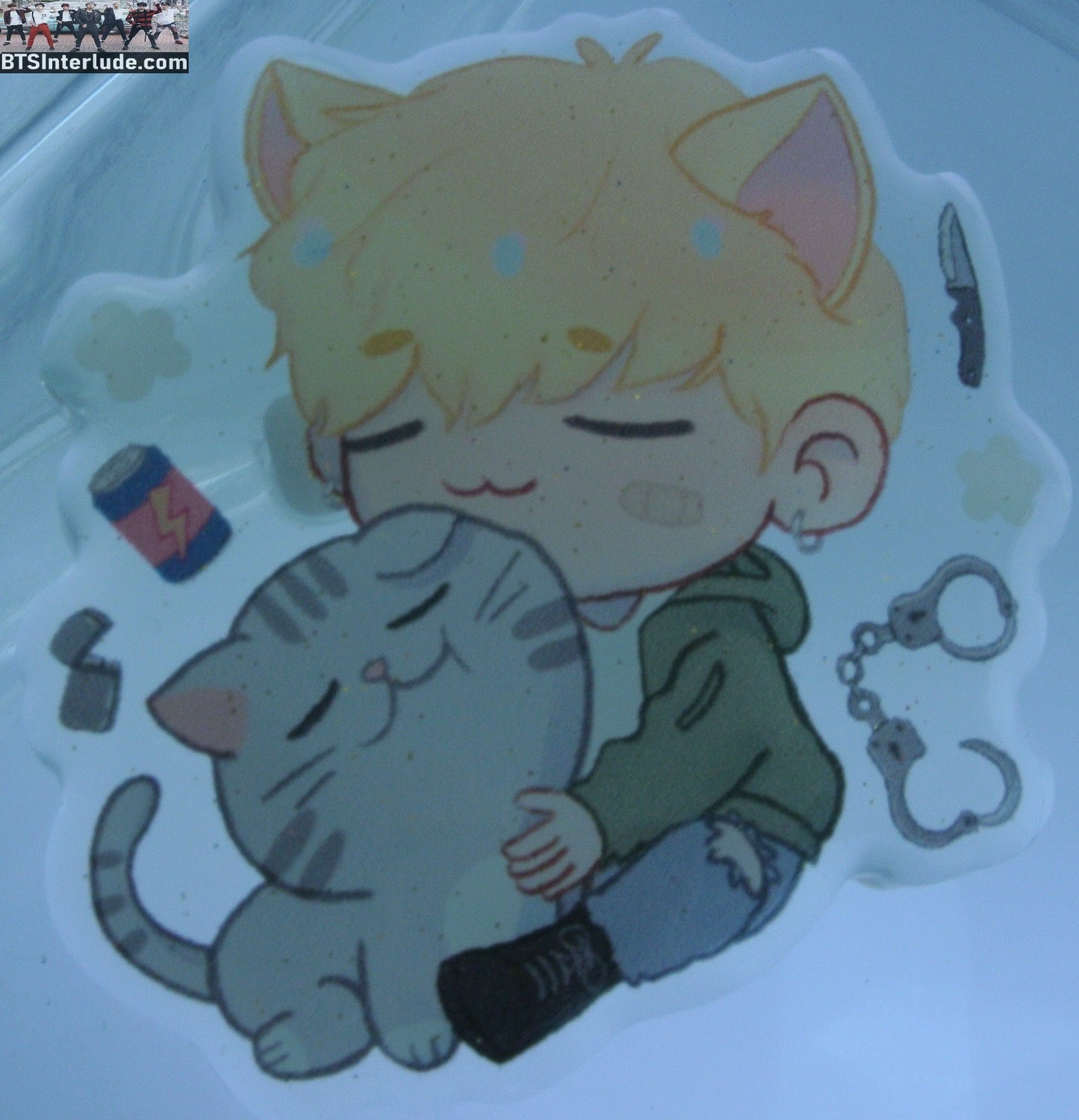 BTS PIN ACRYLIC PARK JIMIN 박지민 CLEAR PLAYING WITH CAT WITH CAT EARS BADGE BUTTON