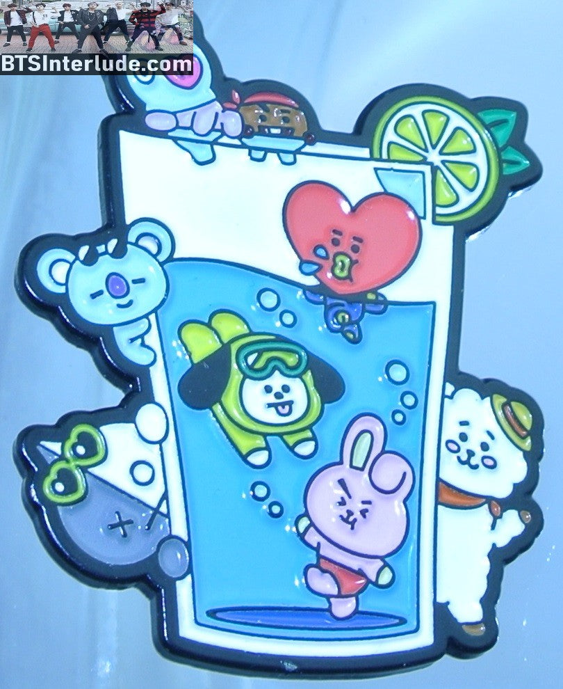 BTS PIN ENAMEL BT21 GUNMETAL GLASS OF WATER OFFICIAL VAN COOKY TATA CHIMMY KOYA MANG SHOOKY RJ BADGE BUTTON