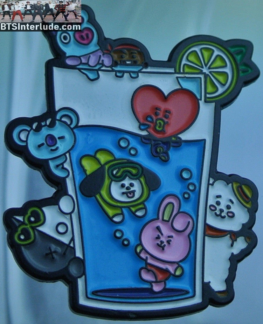 BTS PIN ENAMEL BT21 GUNMETAL GLASS OF WATER OFFICIAL VAN COOKY TATA CHIMMY KOYA MANG SHOOKY RJ BADGE BUTTON