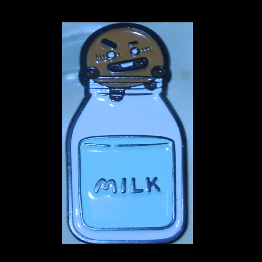 BTS PIN ENAMEL BT21 GUNMETAL SHOOKY DIVING INTO MILK BOTTLE SUGA MIN YOONGI OFFICIAL BADGE BUTTON