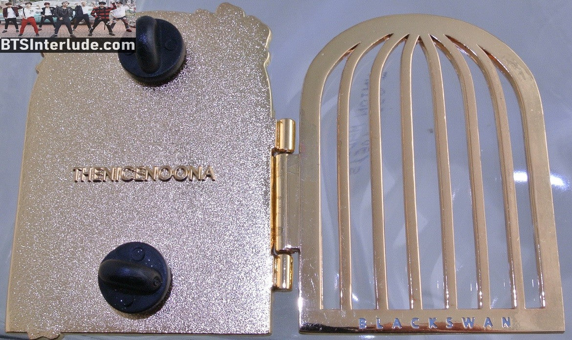 BTS PIN ENAMEL GOLD BLACK SWAN THEME CAGE OPENS THE NICE NOONA PINS JUNGKOOK V JIMIN RM J-HOPE SUGA JIN BADGE BUTTON