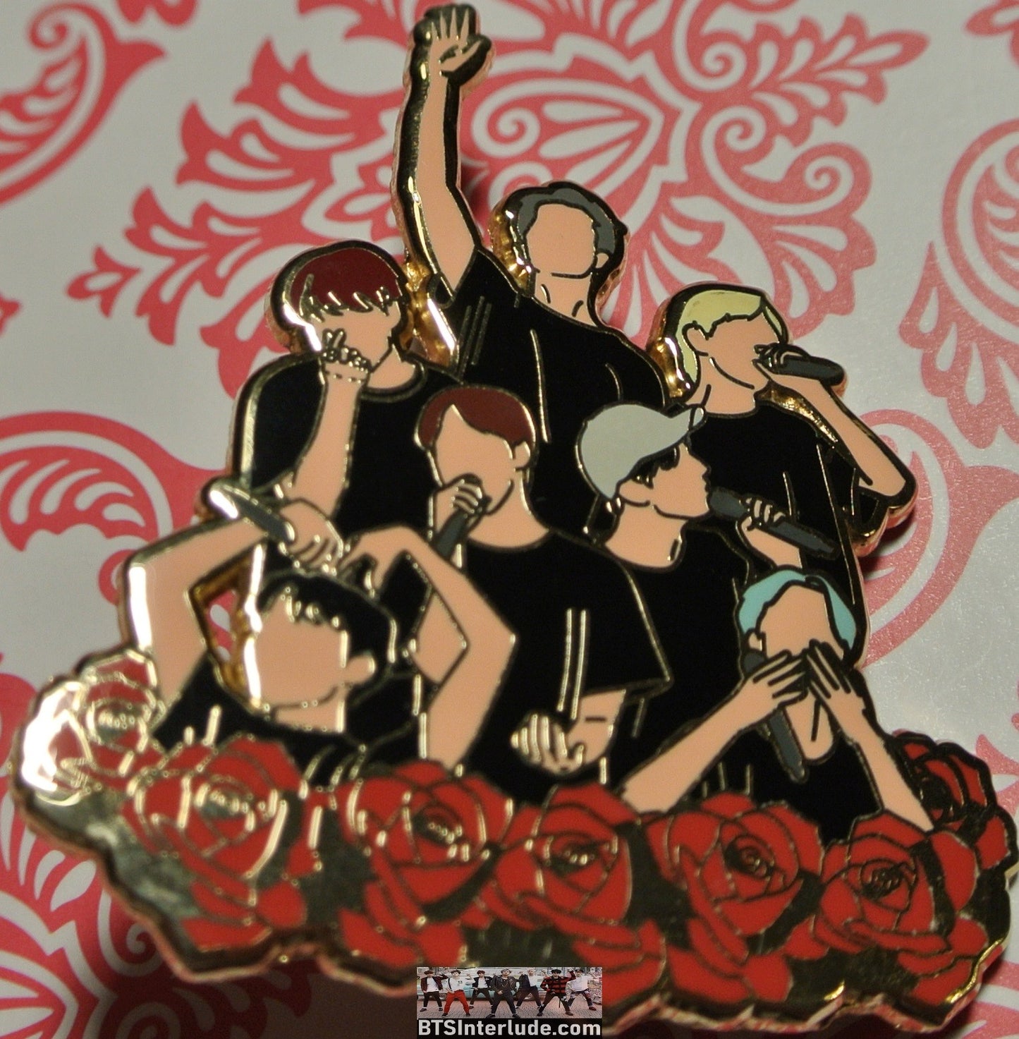 BTS PIN ENAMEL GOLD GROUP BLACK SHIRTS RED ROSES MOOD MERCH PINS JUNGKOOK V JIMIN RM J-HOPE SUGA JIN BADGE BUTTON
