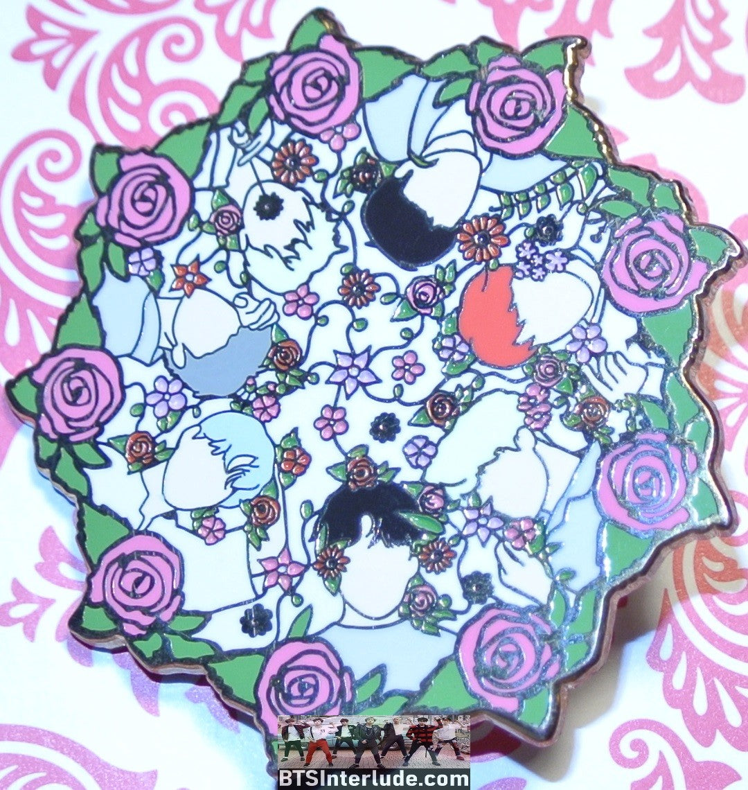 BTS PIN ENAMEL GOLD GROUP LOOKING DOWN FLOWERS HAPPIPOP PINS JUNGKOOK V JIMIN RM J-HOPE SUGA JIN BADGE BUTTON