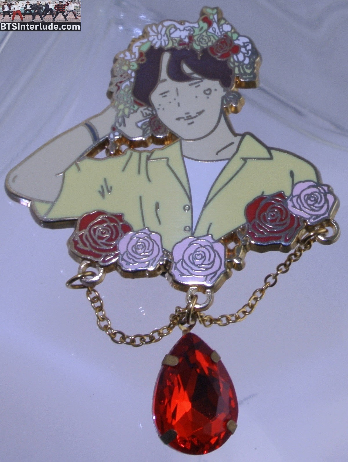 BTS PIN ENAMEL GOLD J-HOPE JUNG HOSEOK 정호석 FLOWER TIARA ROSES RED CRYSTAL DROP CHAINS YELLOW SHIRT BADGE BUTTON