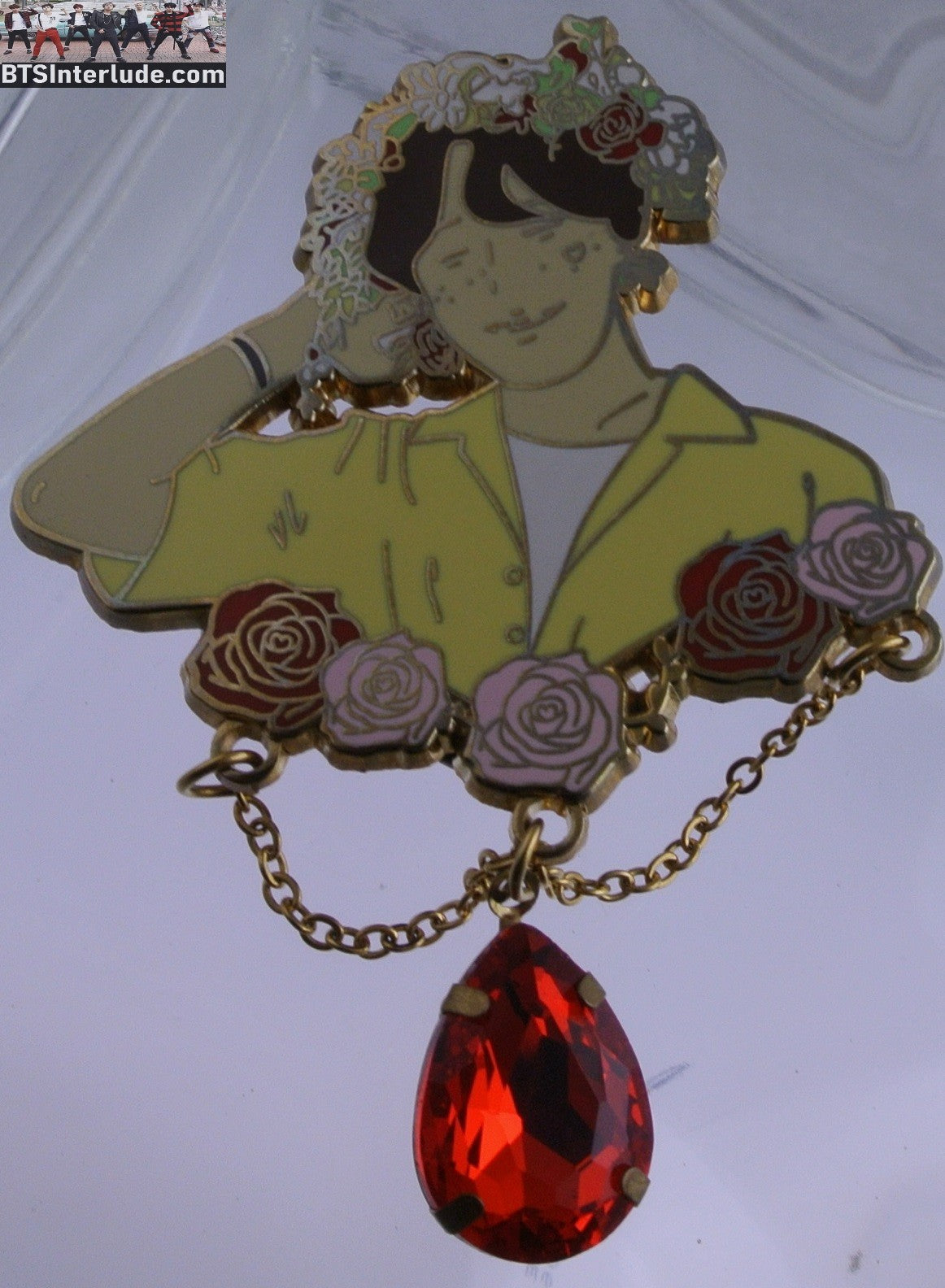 BTS PIN ENAMEL GOLD J-HOPE JUNG HOSEOK 정호석 FLOWER TIARA ROSES RED CRYSTAL DROP CHAINS YELLOW SHIRT BADGE BUTTON