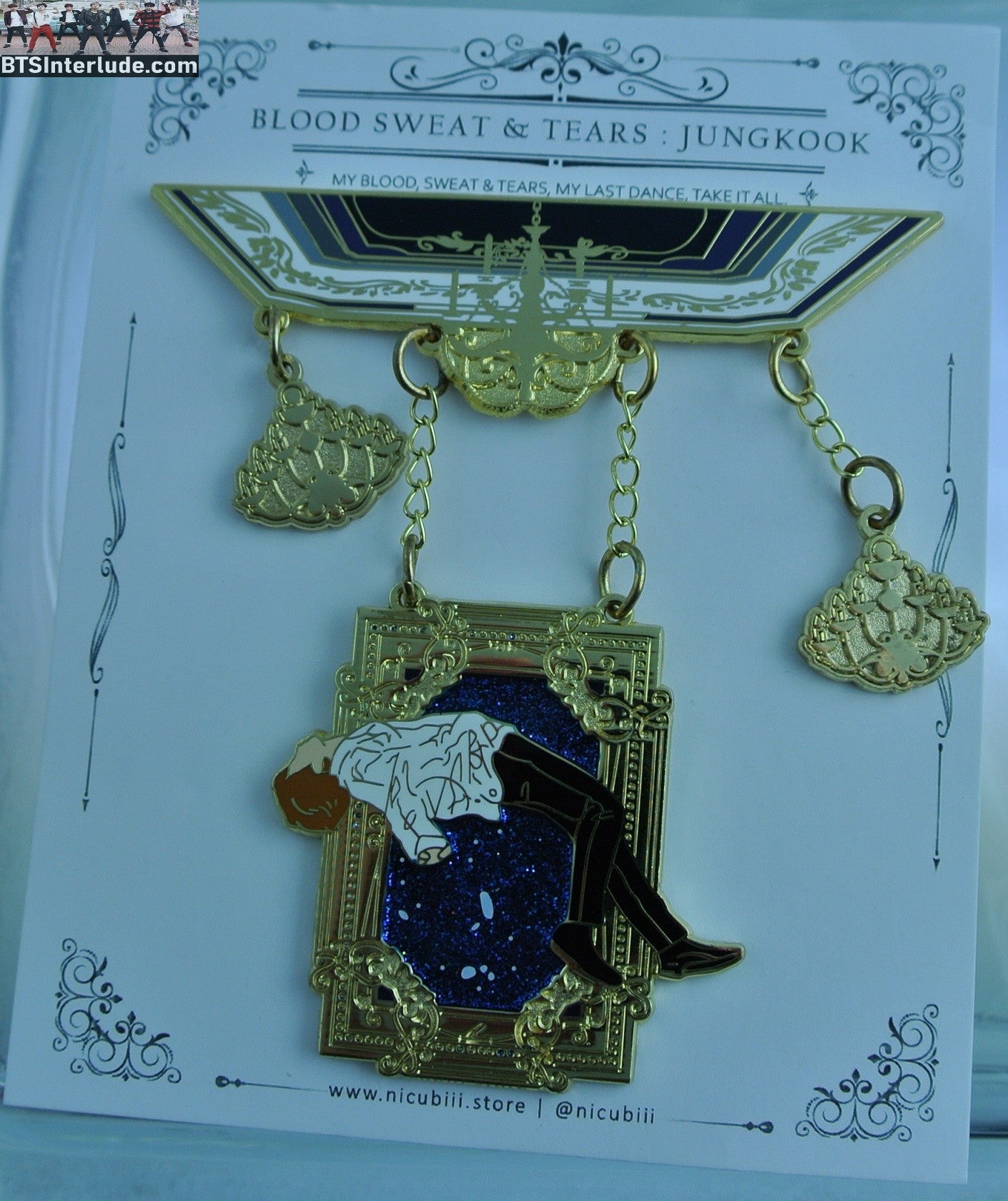 BTS PIN ENAMEL GOLD JEON JUNGKOOK 전정국 BLOOD SWEAT TEARS CHANDELIERS HANGING BLUE GLITTER NICUBIII PINS BUTTON BADGE