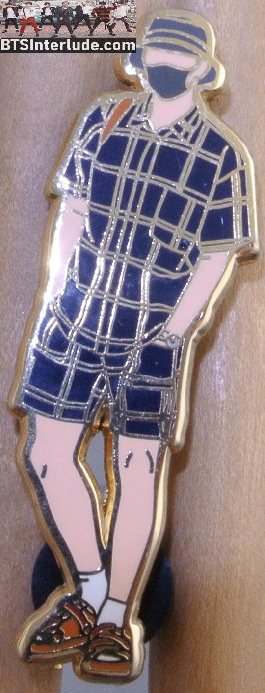 BTS PIN ENAMEL GOLD RM KIM NAMJOON 김남준 AIRPORT FASHION BLUE PLAID SHORT SET BADGE BUTTON
