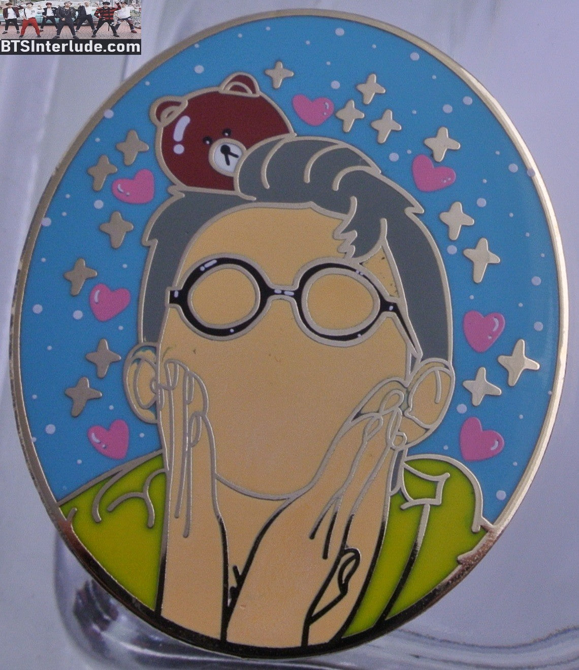 BTS PIN ENAMEL GOLD RM KIM NAMJOON 김남준 SILVER HAIR TEDDY BEAR OVAL BADGE BUTTON