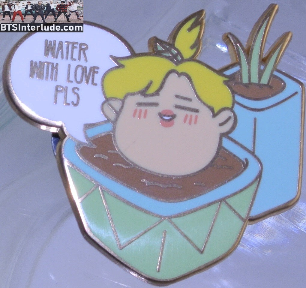 BTS PIN ENAMEL GOLD RM KIM NAMJOON 김남준 BLOND HAIR PLANTER WATER WITH LOVE BADGE BUTTON