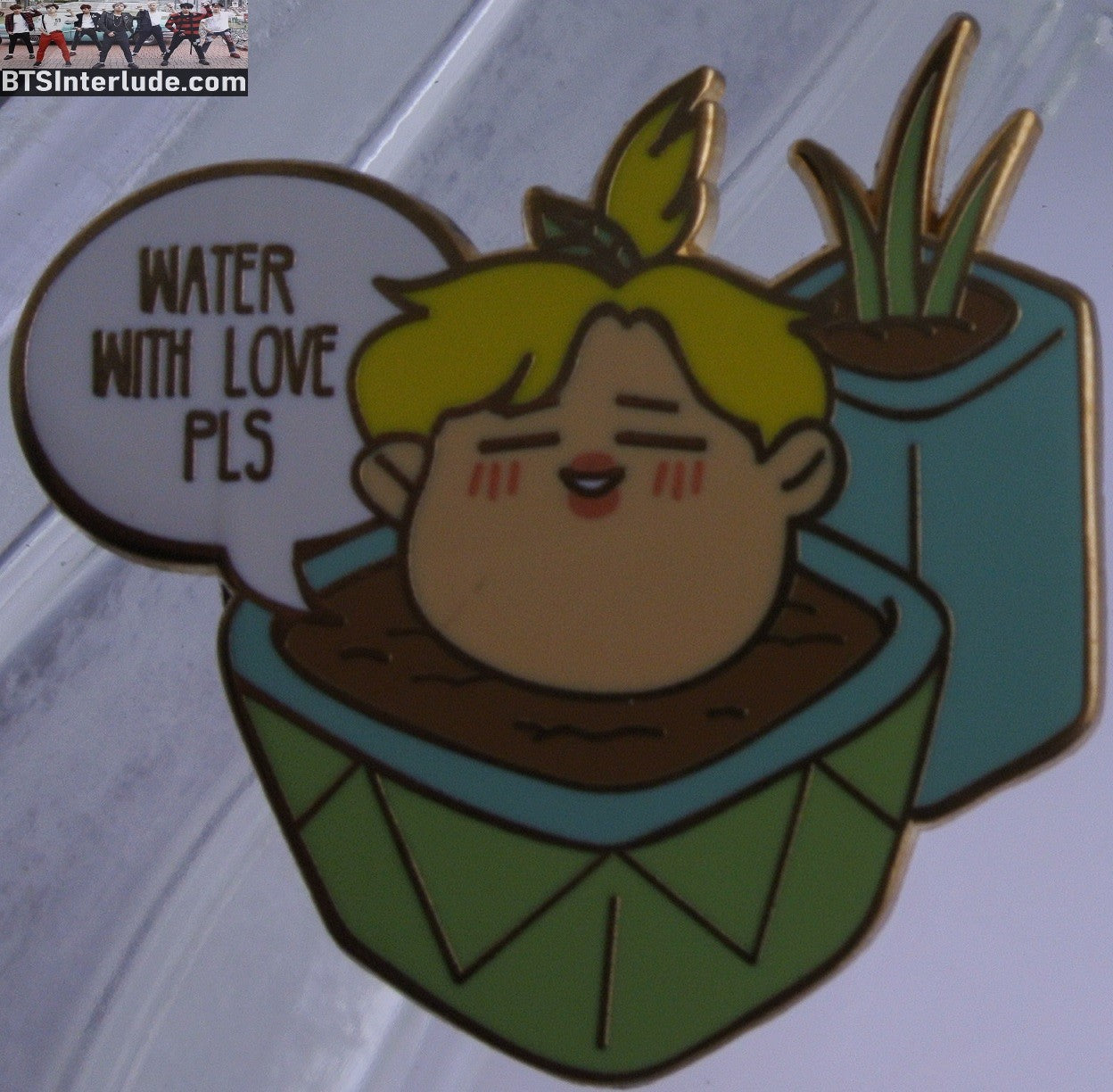 BTS PIN ENAMEL GOLD RM KIM NAMJOON 김남준 BLOND HAIR PLANTER WATER WITH LOVE BADGE BUTTON