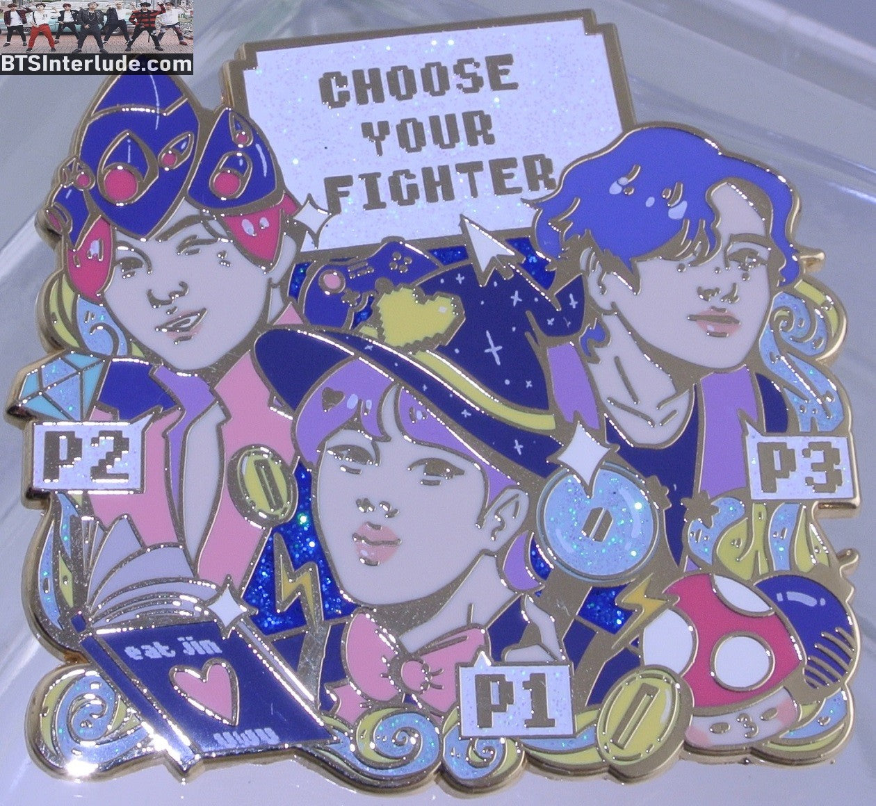 BTS PIN ENAMEL GOLD SUB-UNIT JEON JUNGKOOK JIN KIM SEOKJIN V KIM TAEHYUNG GAMING CHOOSE YOUR FIGHTER VIDEO GAMES BADGE BUTTON