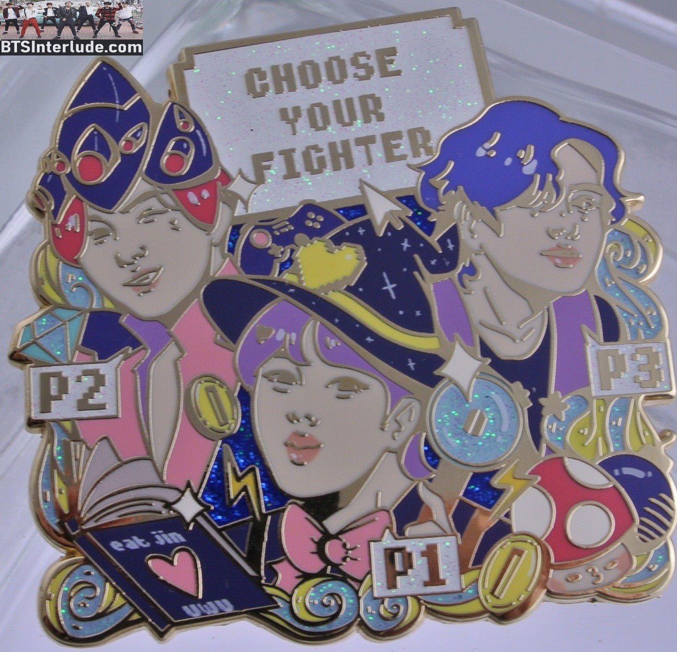 BTS PIN ENAMEL GOLD SUB-UNIT JEON JUNGKOOK JIN KIM SEOKJIN V KIM TAEHYUNG GAMING CHOOSE YOUR FIGHTER VIDEO GAMES BADGE BUTTON