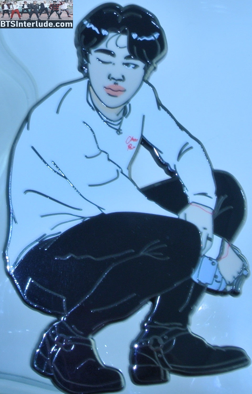 BTS PIN ENAMEL GUNMETAL PARK JIMIN 박지민 WHITE LONG SLEEVE SHIRT BLACK PANTS BOOTS LOVE IS MUTUAL PINS BADGE BUTTON